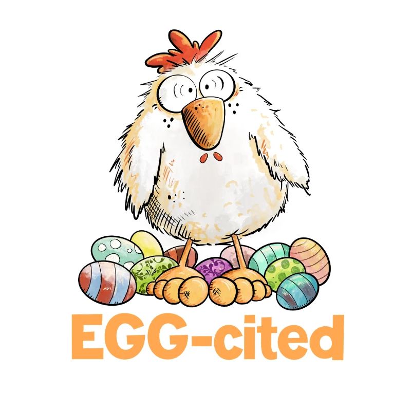 Excited Chicken with Easter Eggs Saying Eggcited
