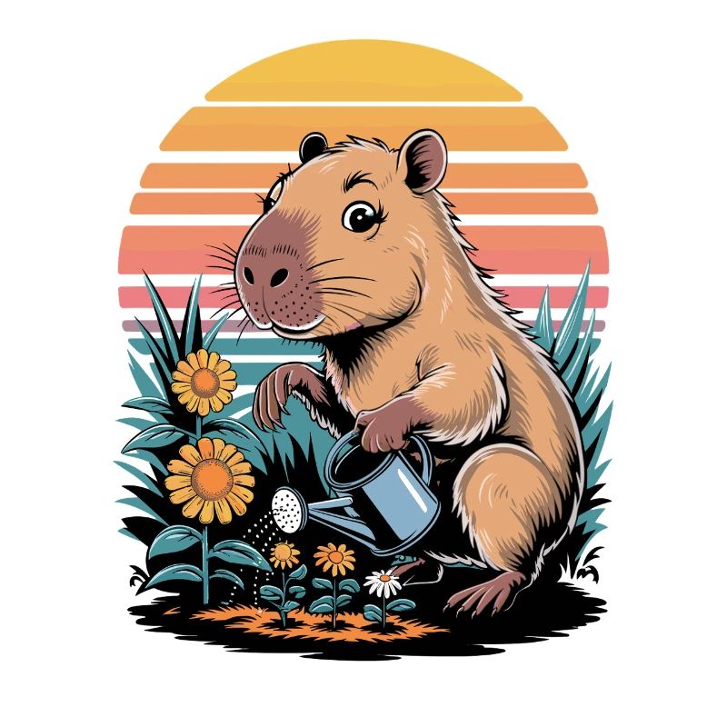 Le capybara arrose les fleurs dans le jardin devant des films rétro