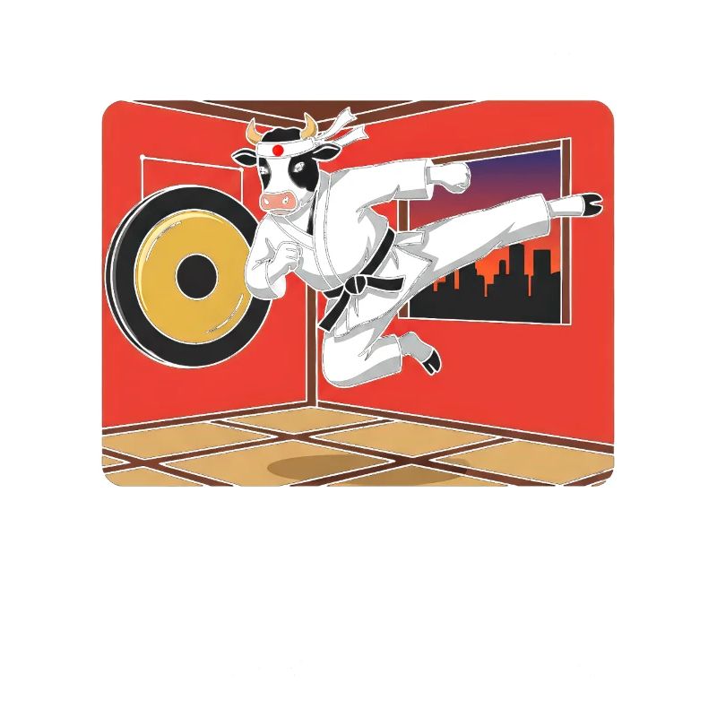 Vache en coup de karaté devant le dojo rouge