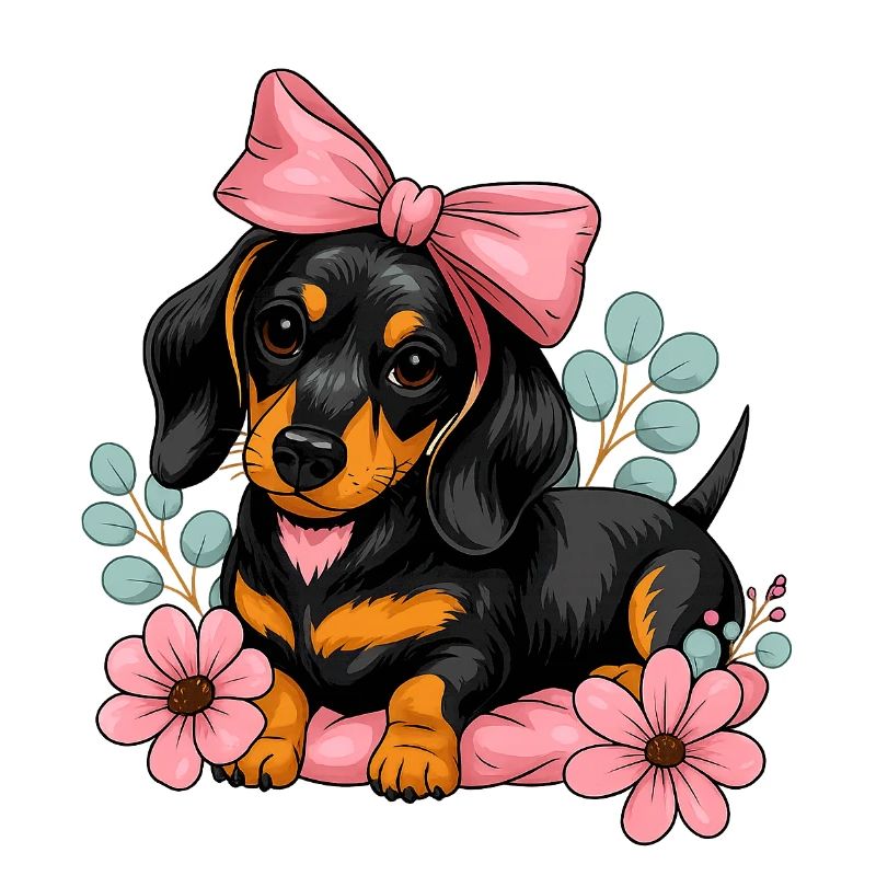 Dackel mit Pinker Schleife und Blumen