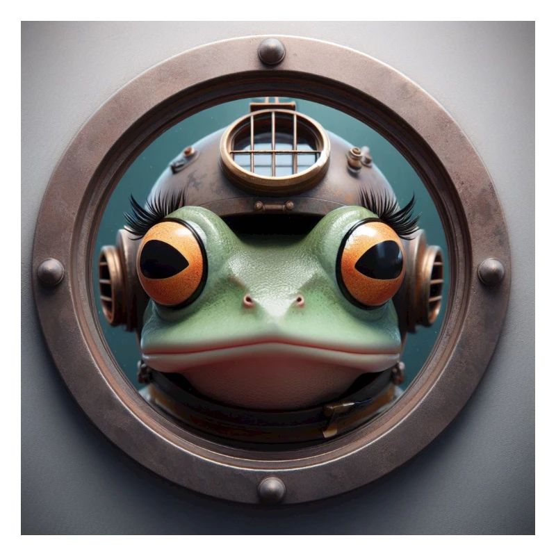 Frog with diving helmet looking through porthole