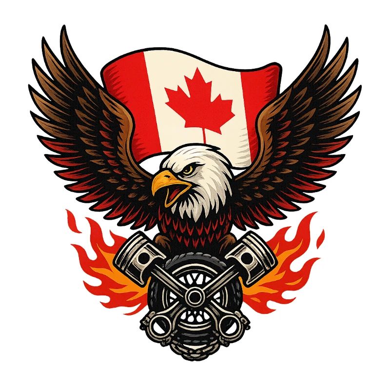 Aigle canadien biker avec drapeau et pistons