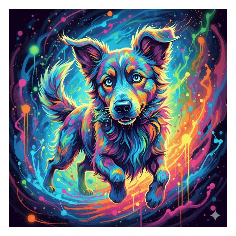Un chien néon dans un tourbillon de couleurs