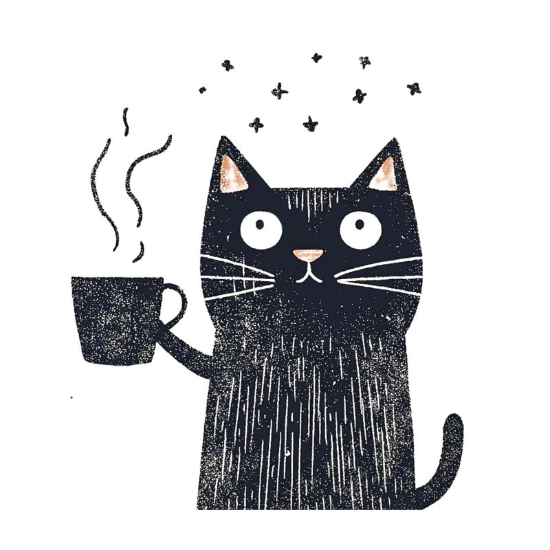 Whimsical Cat with Coffee - Vintage Coffee Cat