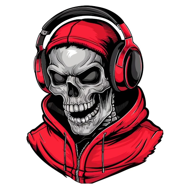 Totenkopf in Rot Kapuzenpullover mit Kopfhörern