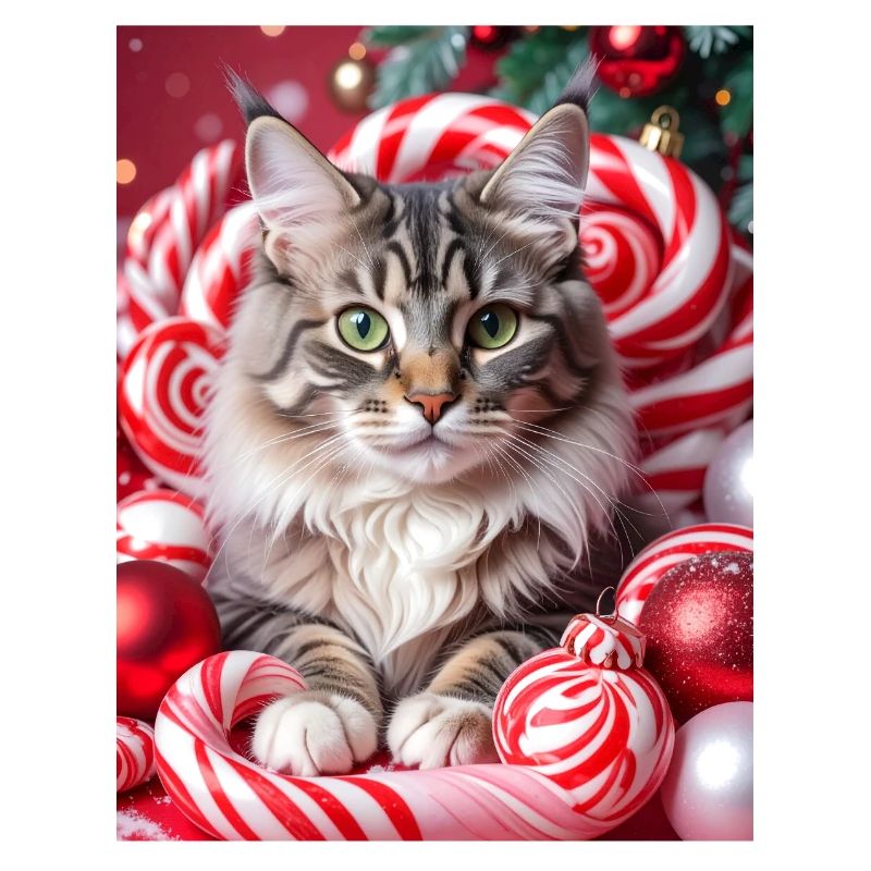 Christmas Cat between Candy Wreaths