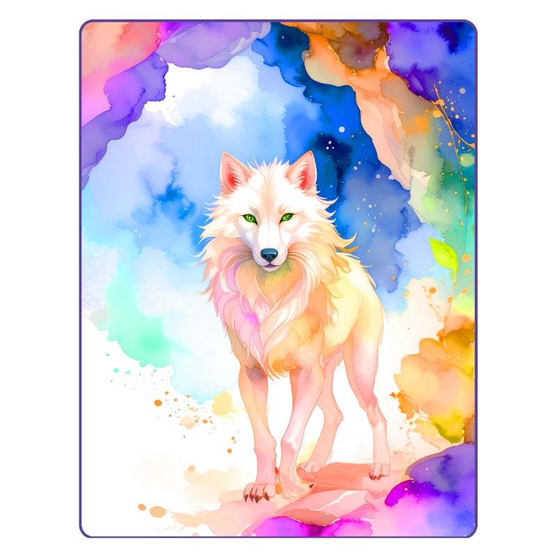 Loup blanc devant une grotte colorée