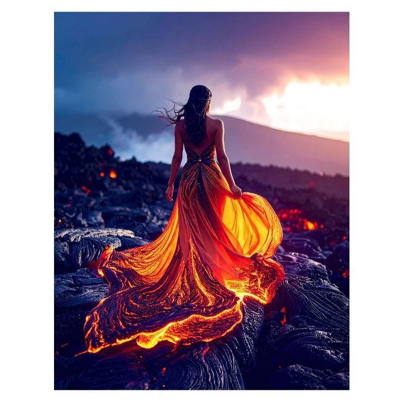 Robe semblable à du feu sur un champ de lave