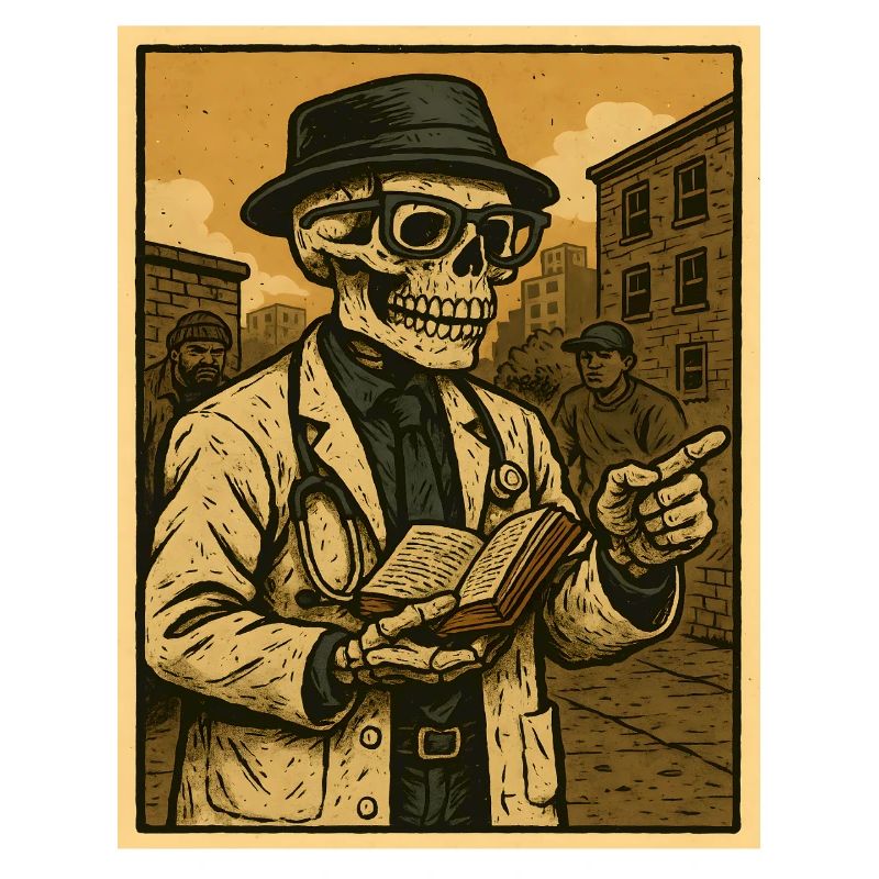 Retro skeleton doctor with book