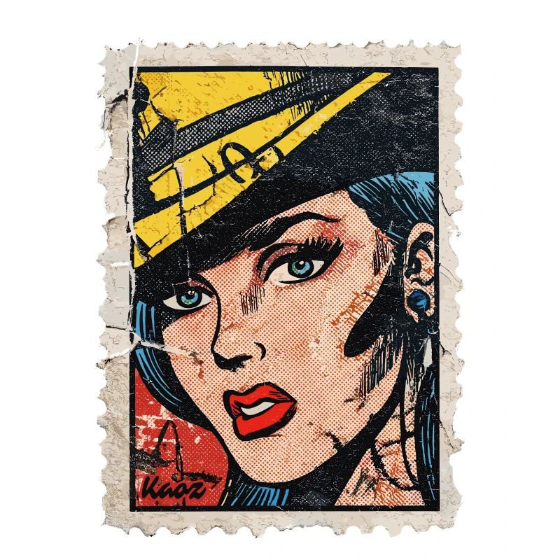 Pop Art Woman with Hat on Retro Comic Postage Stamp