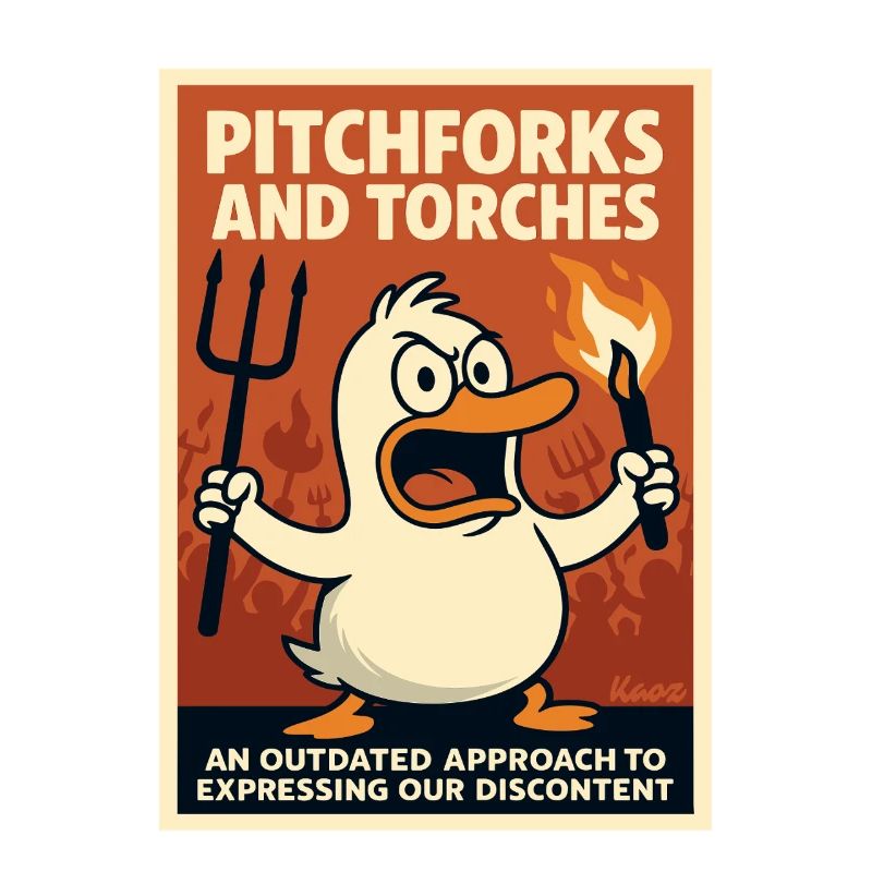 Angry duck with torch and pitchfork