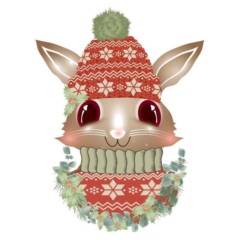 lapin brun avec pull, bonnet et couronne