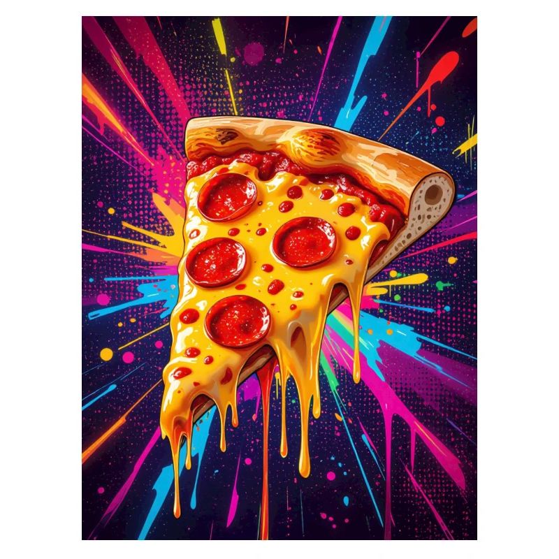 Melting cheese pizza slice glowing in a burst 