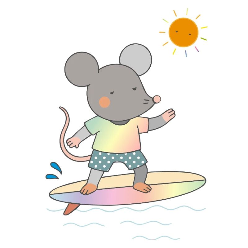 Surfing mouse on colorful surfboard under the sun