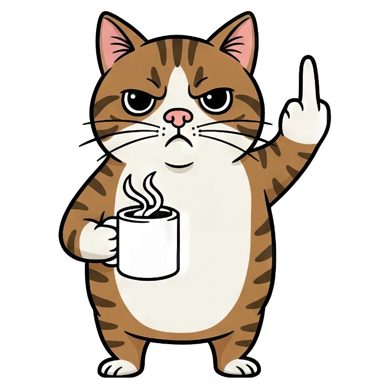 Genervte Katze mit Kaffee und Mittelfinger Cartoon