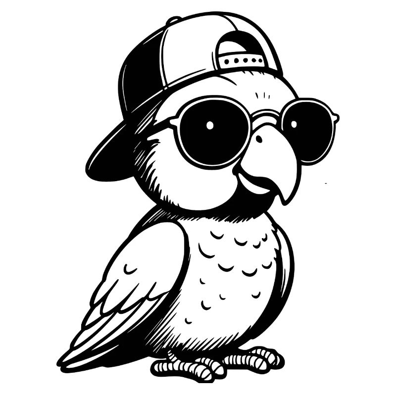 Parrot with sunglasses and baseball cap