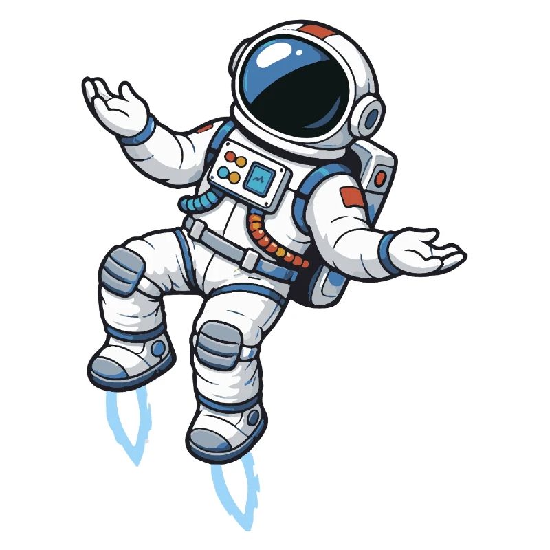 Schwebender Comic Astronaut mit Raketenantrieb