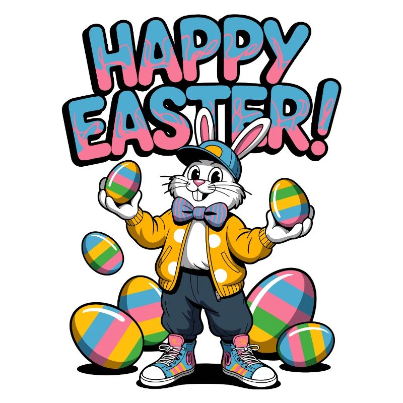 Happy Easter bunny with colorful eggs