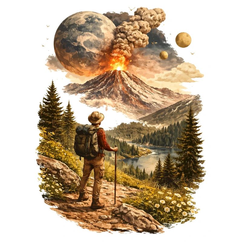 Des randonneurs devant un volcan en éruption et un monde étrange