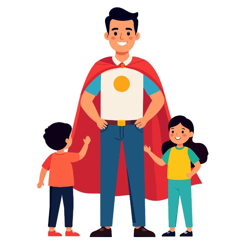 Erzieher Held oder Heldenvater mit Cape und Kinder