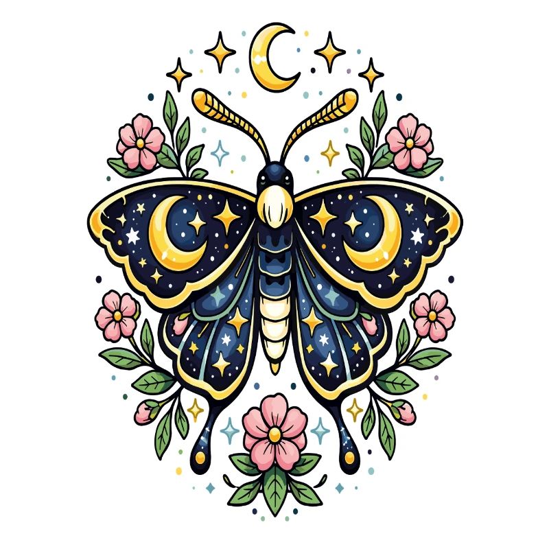 Papillon céleste lune fleurs étoiles