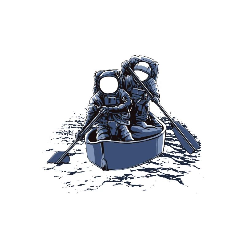 Two astronauts row through the universe.