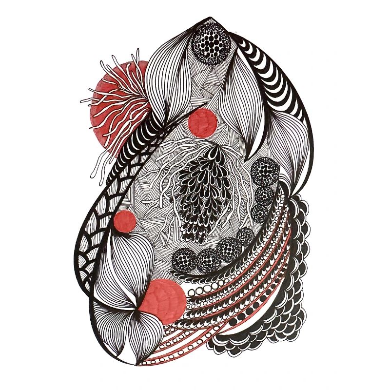 Line flowers pattern with red accent