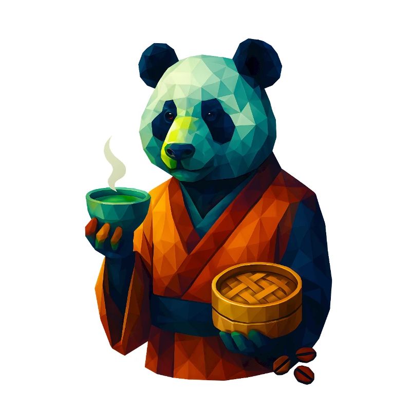 WPAP Style Animals - Panda Bear in Kimono Drinking Tea