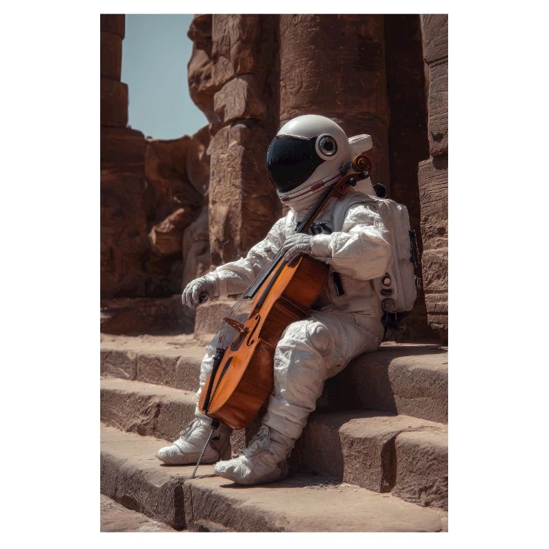 Astronaut with Cello on Ancient Steps