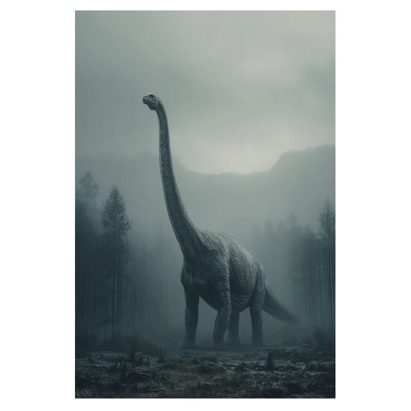 Dinosaure dans la forêt brumeuse aube