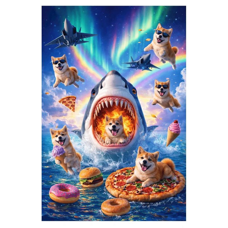 Requin avec pizza et chiens de l’espace