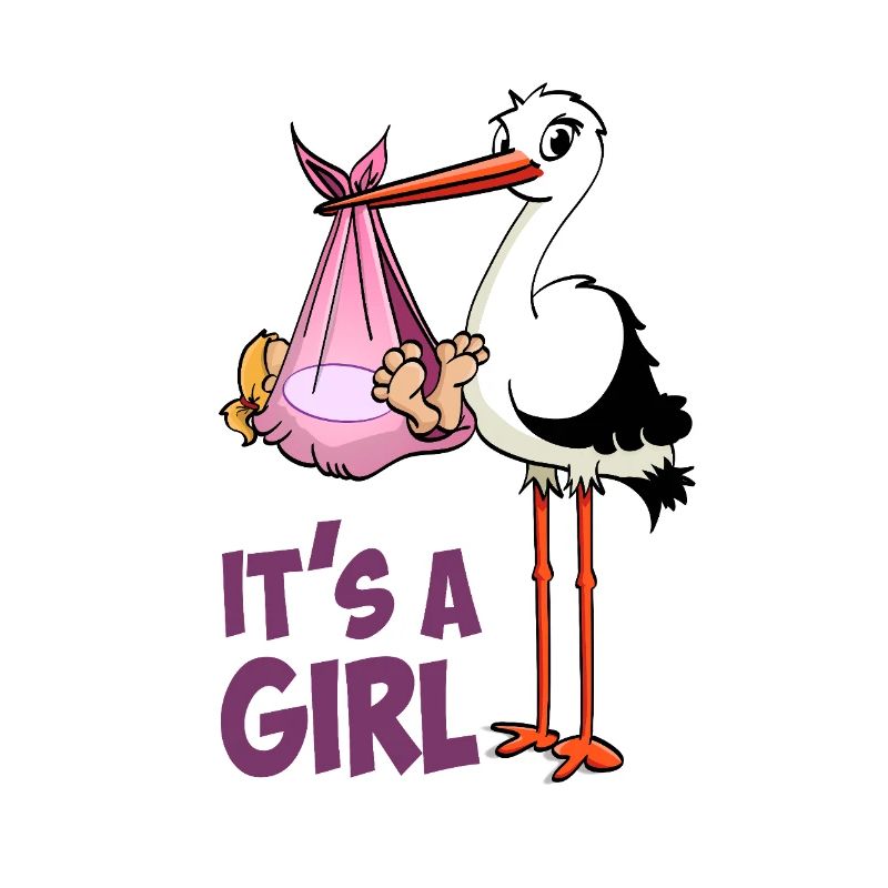 Storch mit Mädchen; "Es ist ein Mädchen"