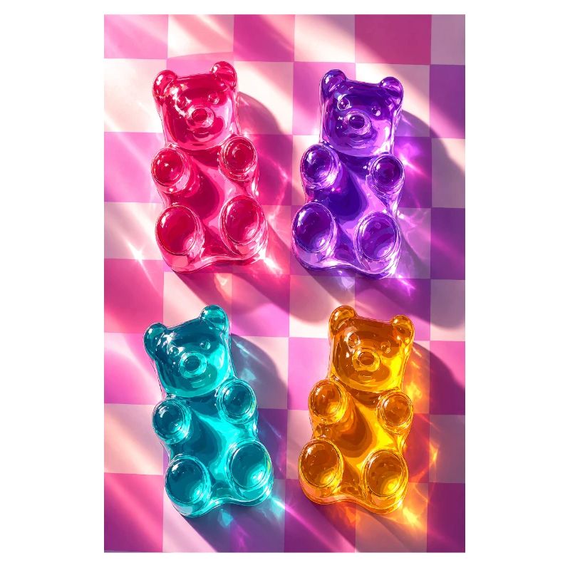 Neon Gummy Bears on Checkerboard