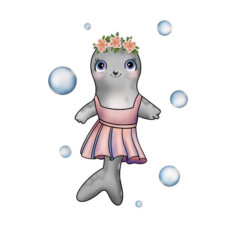 Petit bébé phoque avec couronne de fleurs et robe