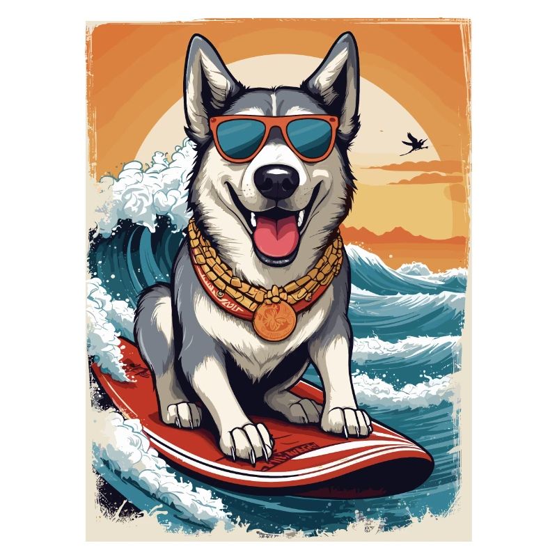 Cool husky on surfboard