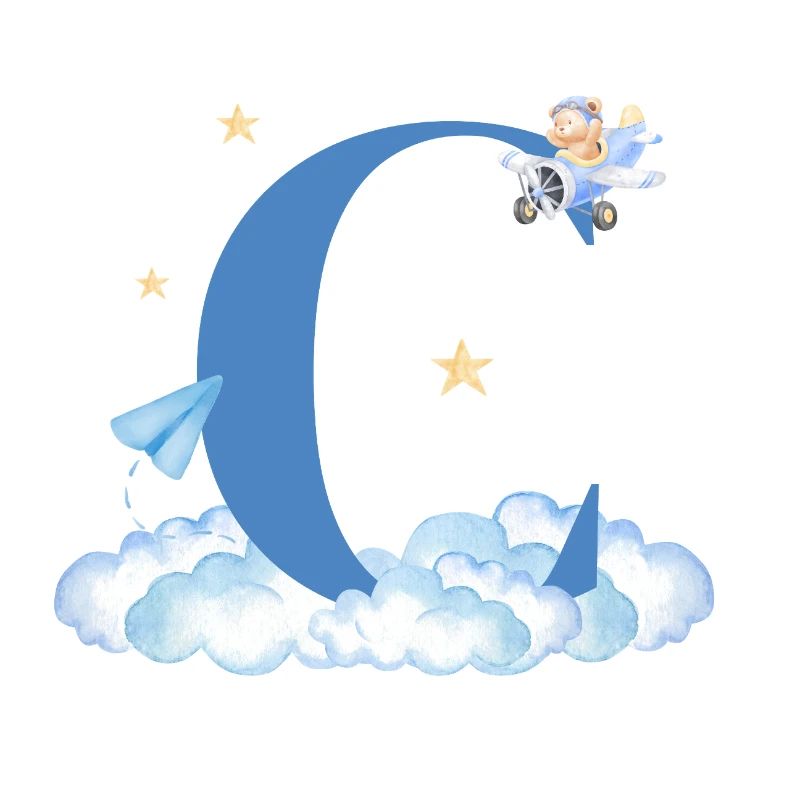 Letter c blue clouds airplane child