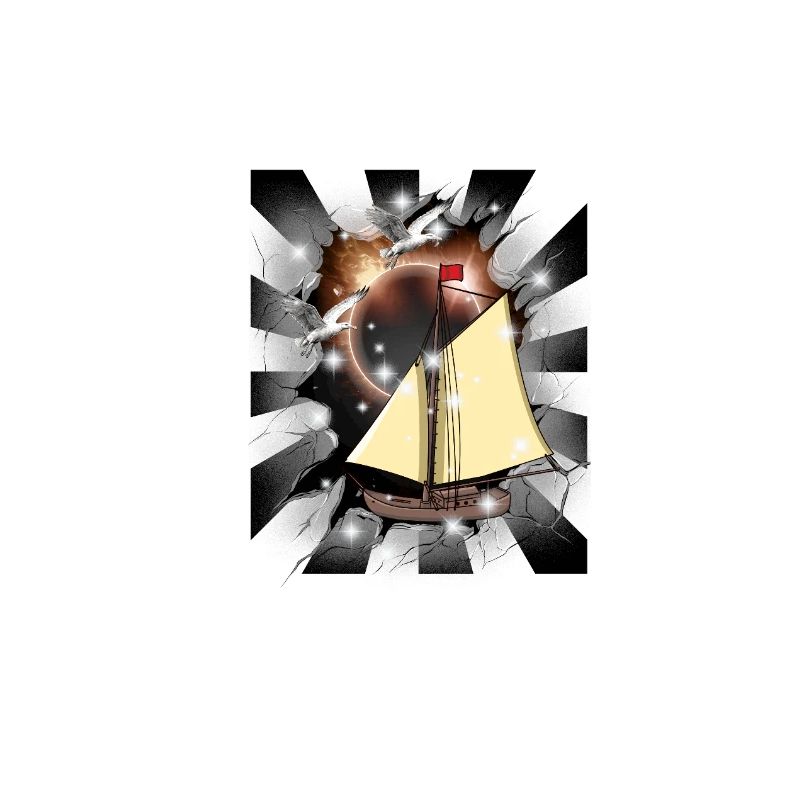 Retro Solar Eclipse Maritime Sailing Ship Boat