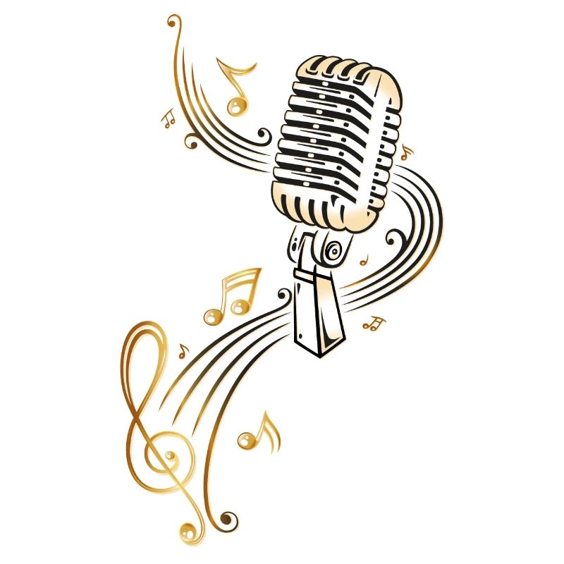 Retro microphone with music notes and clef.