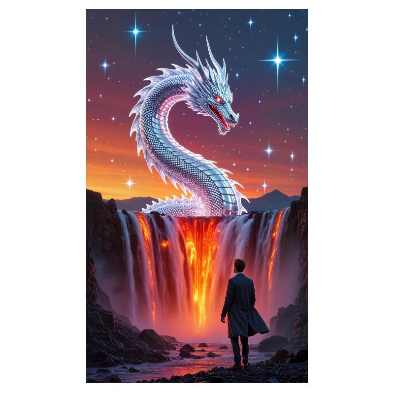 Fiery dragon's tail over waterfall