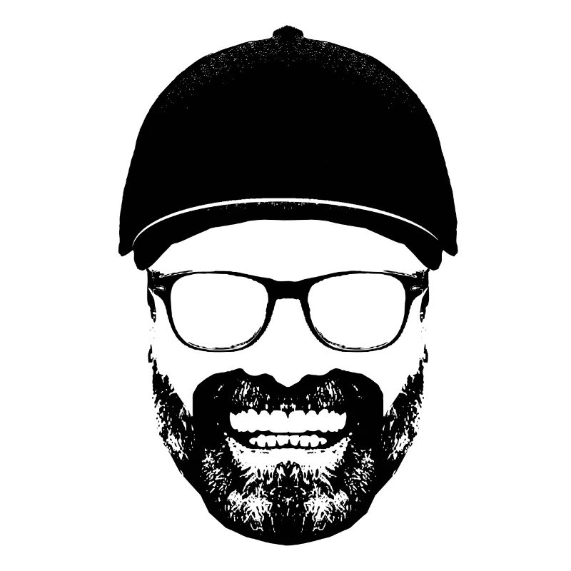Funny grinning man baseball cap glasses beard teeth
