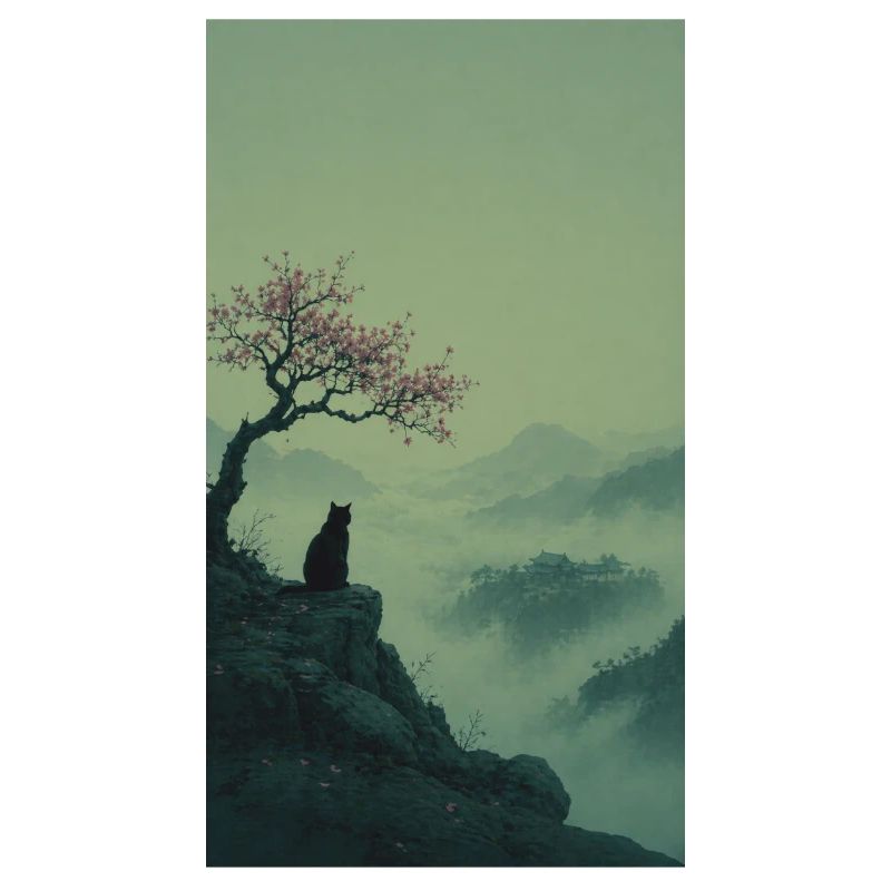 Black Cat at Sakura Tree – Asian Zen Design