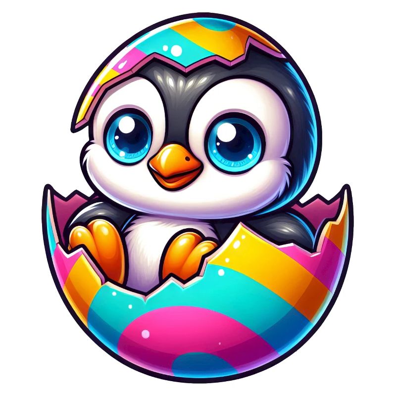 Cute penguin hatching from colorful easter egg