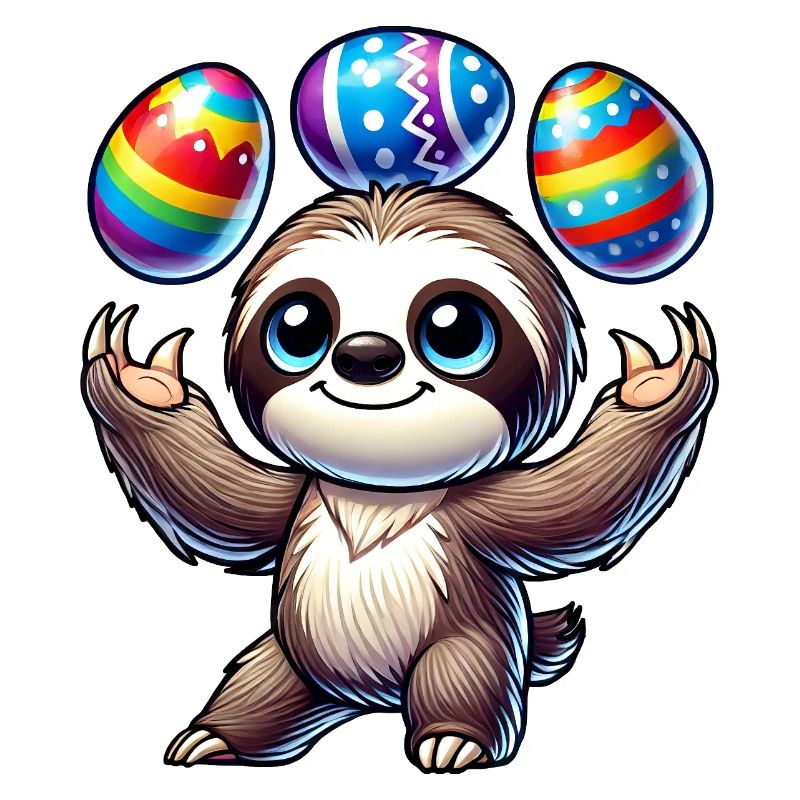 Sloth juggles Easter eggs colorful funny