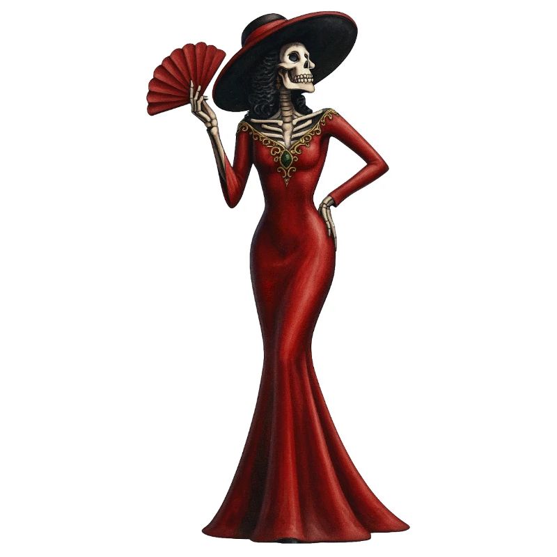 Skelett-Diva im Roten Abendkleid