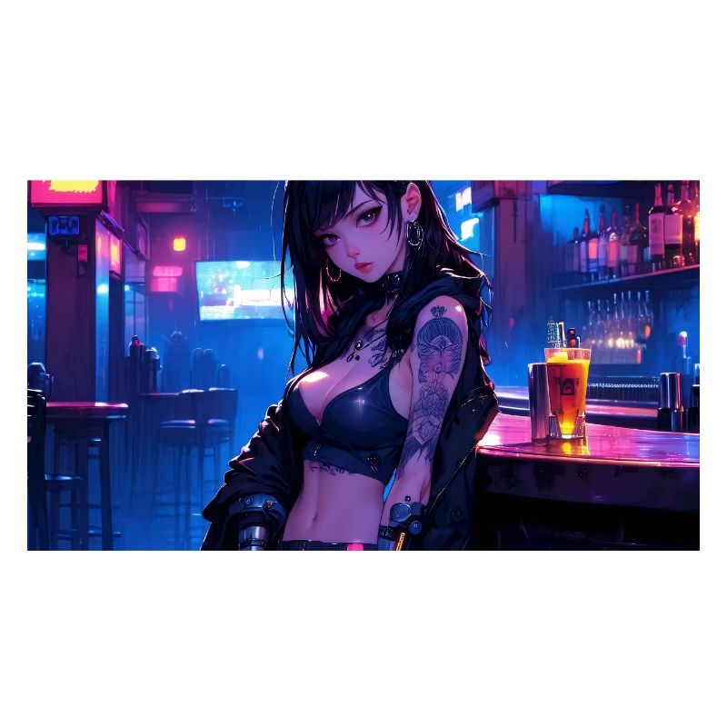 N-dless Nights: Anime-Cyberpunk-Mädchen in einer dunklen Bar