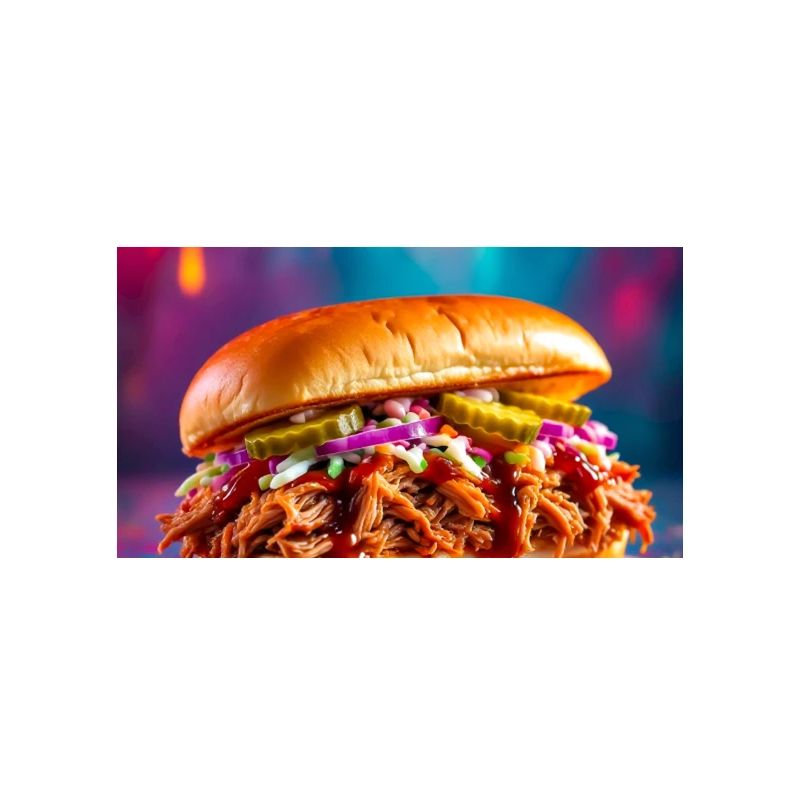 Juicy pulled pork burger surrounded by explosive