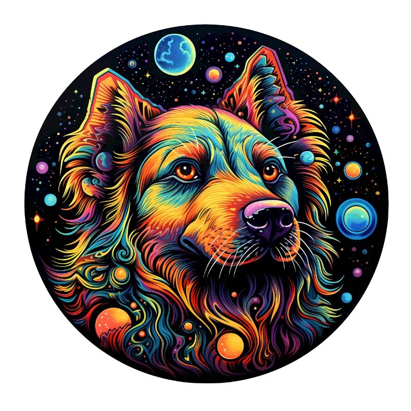 Chien de l’espace coloré avec des planètes