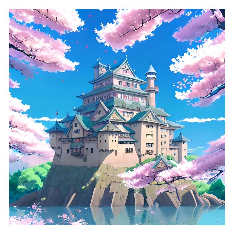 Japanese Castle surrounded by Cherry Blossom Trees