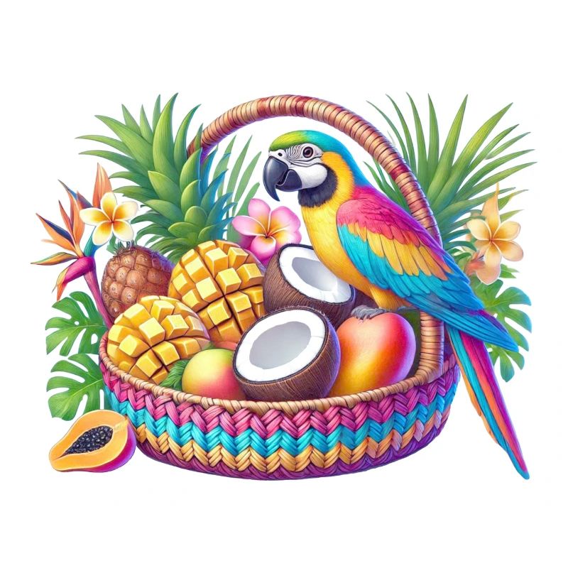 Fruit basket with parrot