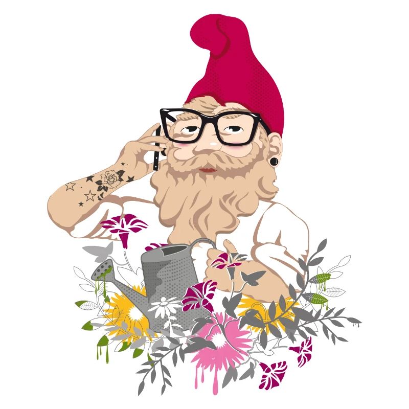 Ein Gartenzwerg als Hipster mit Brille und Tattoos